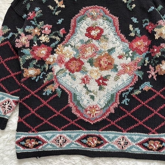 Hunters Run Sweater Vintage Knitted By Hand Mockneck Long Sleeve Floral M - Picture 5 of 12